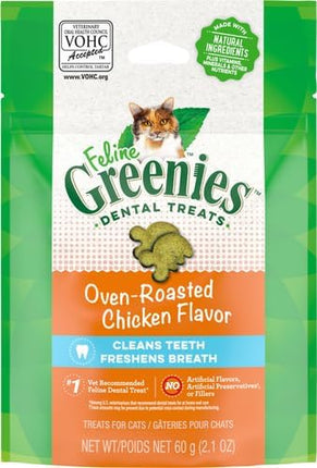 Greenies Cat Treats, Feline Veterinarian-Recommended Adult Natural Dental Cat Treats, Oven Roasted Chicken Flavor, 2.1 oz. Pouch