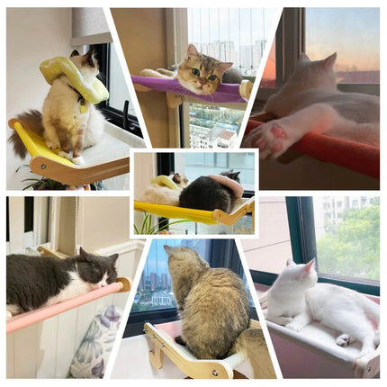 Sturdy hanging cat bed full product view with neutral color fabric and hanging straps