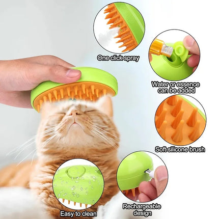 Steamy Brush for Cats – cat being groomed with handheld steam pet brush