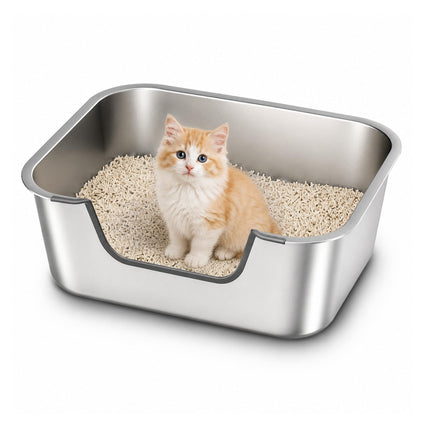 Stainless Steel Cat Litter Box with Low Entry, Metal Kitty Litter Box for Senior or Injured Cats, Odor-Free, Non-Stick, Easy to Clean, 17.5"x13.6"x5.9", Litter Pan for Medium and Small Cats