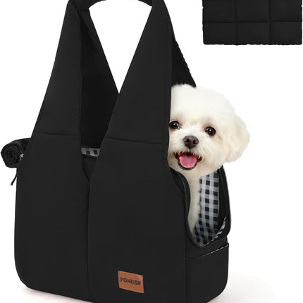 Dog Purse Carrier for Small Dogs and Cats, Soft-Sided Pet Tote Bag with 6 Large Pockets, Collapsible Travel Puppy Carrier with Small Cushion, Fits Pets up to 6 lbs (Black, 13.6" L x 6.6" W x 10" H)