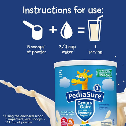 PediaSure Grow & Gain with Immune Support Shake Mix Powder, 23 Vitamins & Minerals, 6g Protein, Non-GMO, Gluten-Free, Vanilla, 14.1 oz Can, Pack of 3-24 servings