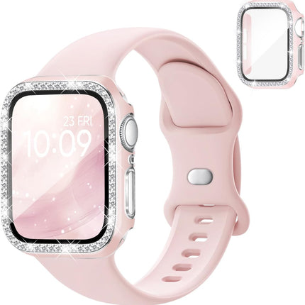 Silicone Band and Case Compatible with Apple Watch Bands for Women 40mm 44mm 41mm 45mm 42mm 46mm, Sport Strap with Bling Diamond Screen Protector Cover for iWatch Series 11/SE3/10/9/8/7/6/5/4