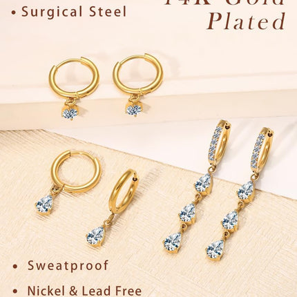 Surgical Steel Small 14K Gold Plated Huggie Hoop Earrings Set,Hypoallergenic Lightweight Waterproof & Non Tarnish, Drop Dangle with CZ for Women-Multiple Piercings