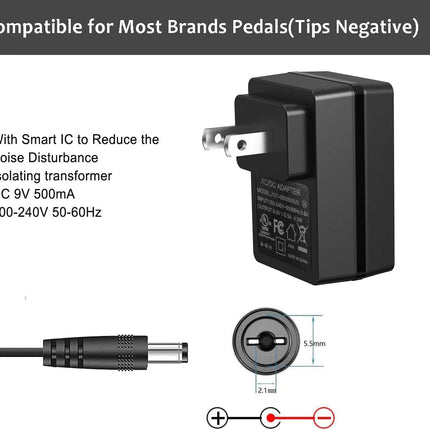 DC 9V 500mA Guitar Pedal Power Supply Adapter AC Wall Charger Adapter One Spot 5.5mmX2.1mm Compatible for Most Effect Pedals (Tip Negative)