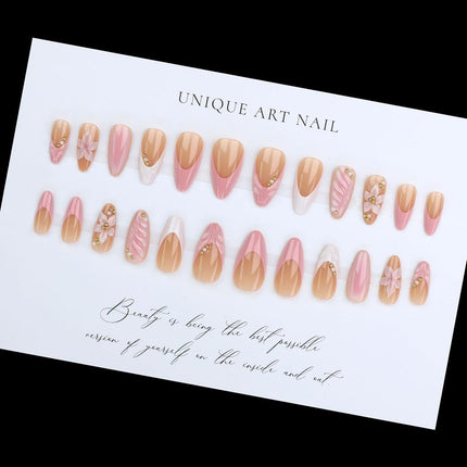 LPOODDNU 3D Pink Press on Nails Almond - Medium French Tip Fake Nails with Embossed Flower&Gold Bead Designs, Glossy Finish Reusable False Nails with Glue Tabs - 24Pcs Nail Kit for Women Manicure