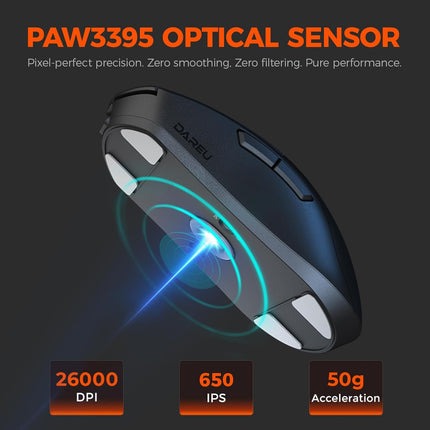 DAREU A950GM Wireless Gaming Mouse, 60g Lightweight, 26K DPI PAW3395 Optical Sensor, 2.4G/BT/Wired,Support 30-40min Fast Charge, 5 Programmable Buttons for PC/Laptop/Mac