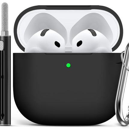 Ljusmicker for AirPods 4 Case 2024 with Cleaner Kit,Soft Silicone Protective Cover for Apple AirPods 4th Generation Cases for Women Men,Compatible with AirPod 4 Case Accessories with Keychain-Black