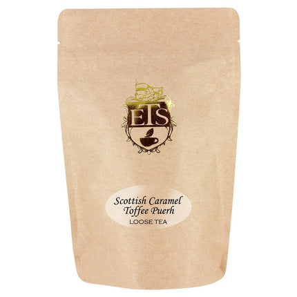 English Tea Store Scottish Caramel Toffee Pu-erh Tea Pouches - 4oz | Loose Leaf Black Tea Blend | Sweet Caramel and Toffee Aroma | Smooth Earthy Flavor | Dessert-Inspired Tea Experience