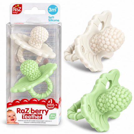 Silicone Teether Pacifier – Teething Relief for Infants, Food-Grade, BPA-Free, Hands-Free, Natural Berrybumps Fruit Texture for Sensory Development, Freezable, 2-Pack - Red & Blue