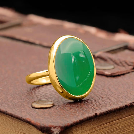 Natural Labradorite Crystal Ring 24K Gold Vermeil 925 Sterling Silver Oval Solitaire Gemstone Dainty Leo Spiritual Perseverance Statement Ring Handmade Turkish Fine Jewelry