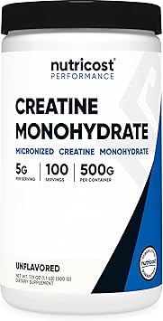 Nutricost Micronized Creatine Monohydrate Powder 500G 5000mg per serving white container