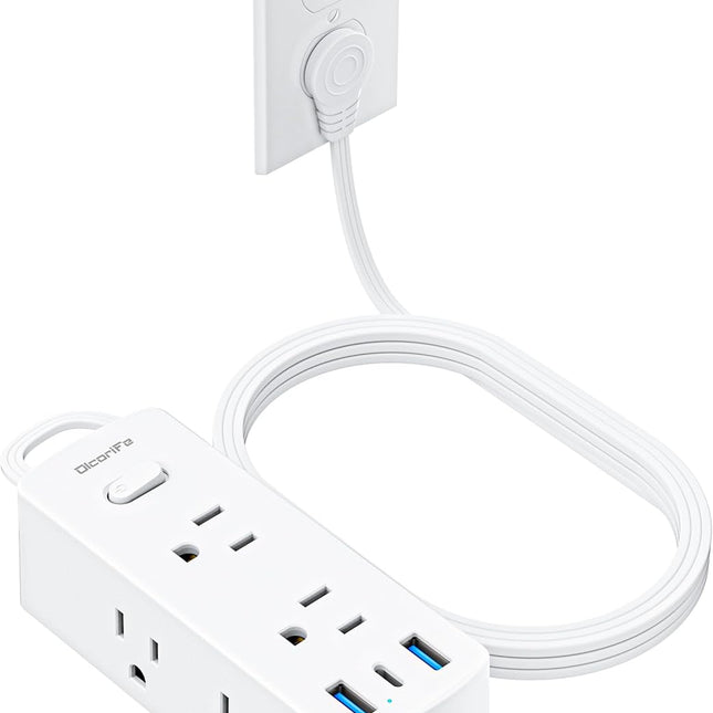 Flat Plug Power Strip, 3 ft Cord, 6 Outlets, 2 USB-A and 1 USB-C, White
