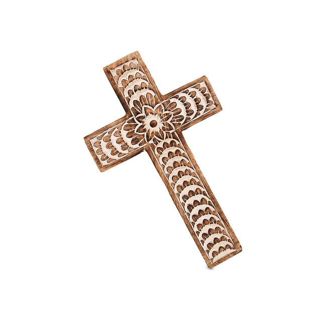 Mango Wood White Cross Carved Floral-Design Family Cross Decor,Home Decoration (10" x 6" x 0.5")