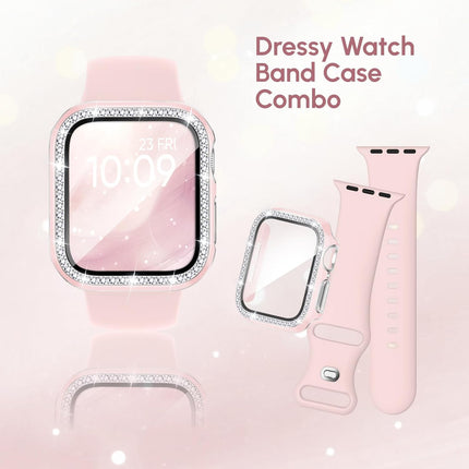 Silicone Band and Case Compatible with Apple Watch Bands for Women 40mm 44mm 41mm 45mm 42mm 46mm, Sport Strap with Bling Diamond Screen Protector Cover for iWatch Series 11/SE3/10/9/8/7/6/5/4
