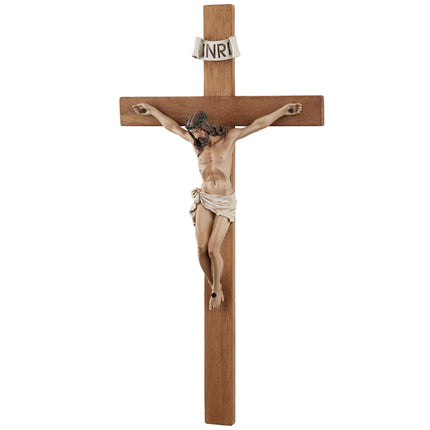 Crucifix Wall Cross - 14 Inch Olive Wood Wall Crucifix, Hand Painted Resin Jesus on Wooden Crucifix Catholic Home Decor Housewarming Religious Gifts