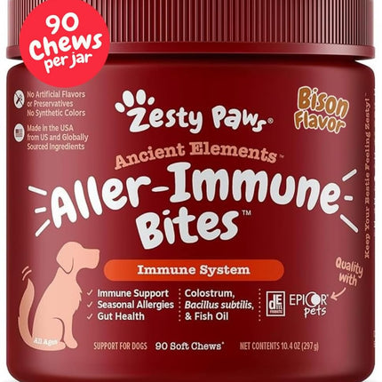 Zesty Paws Ancient Elements Allergy Immune Bites - Dog Allergy Chews, Dog Probiotics for Itchy Skin and Ears, Bison, 90ct