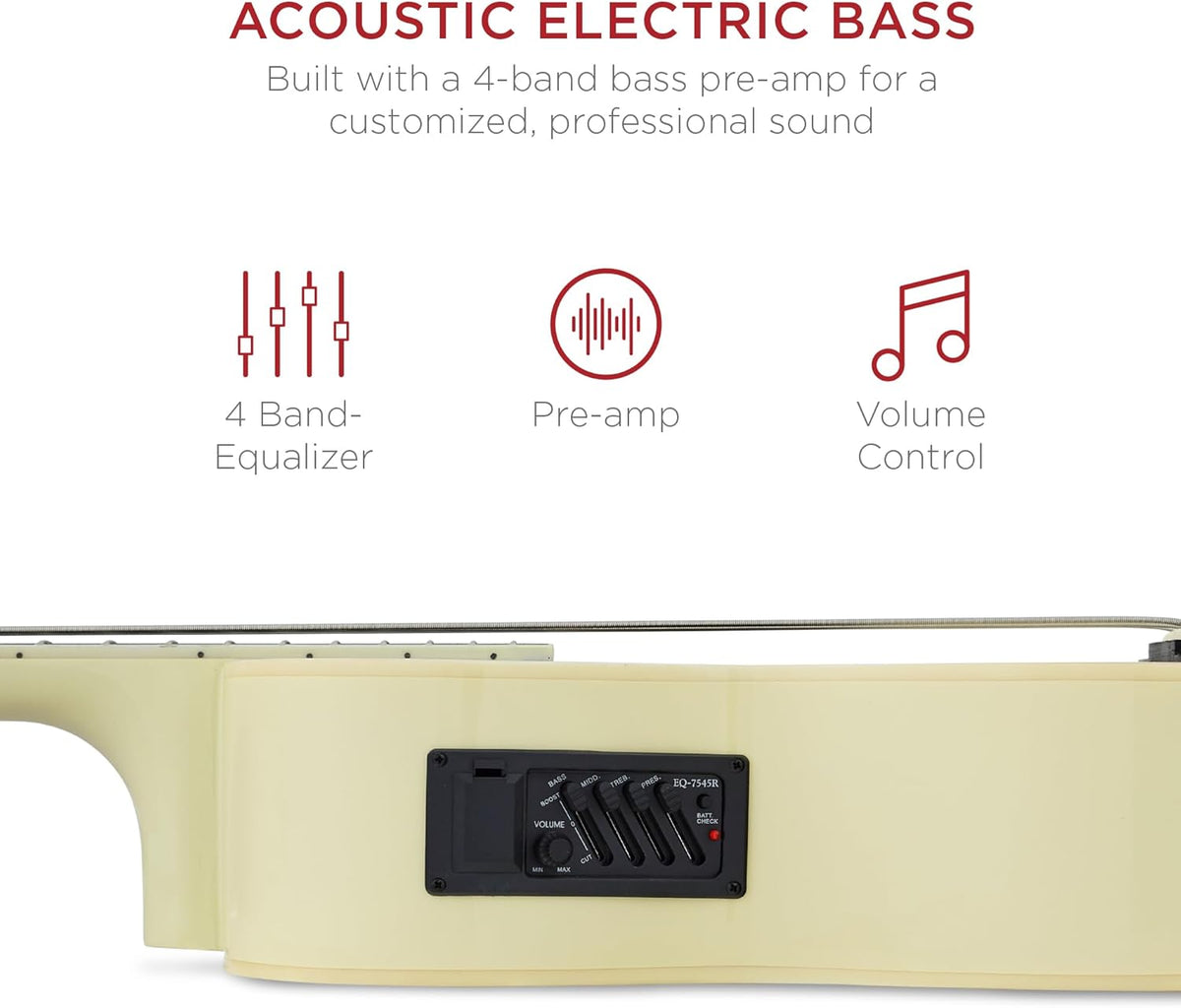 Cream White Full-Size 4-String Acoustic-Electric Bass Guitar with Padded Gig Bag - photo 3