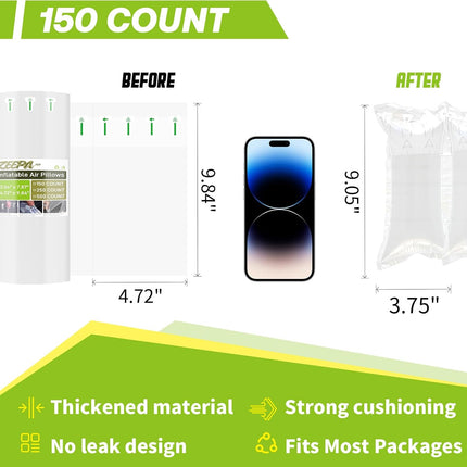 150 Count Packing Air Pillows for Shipping with Pump Inflatable Shipping Supplies Box Filler Alternative to Packing Peanuts for Size 4.72" x 9.84"