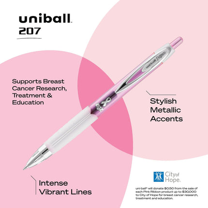 uniball 207 Pink Ribbon Retractable Gel Pens, Medium Point (0.7mm), Black, 12 Pack