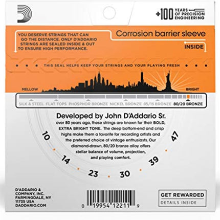 D'Addario Acoustic Guitar Strings, 80/20 Bronze, EJ10, Extra Light Gauge 10-47, 6-String Set, Pack of 1