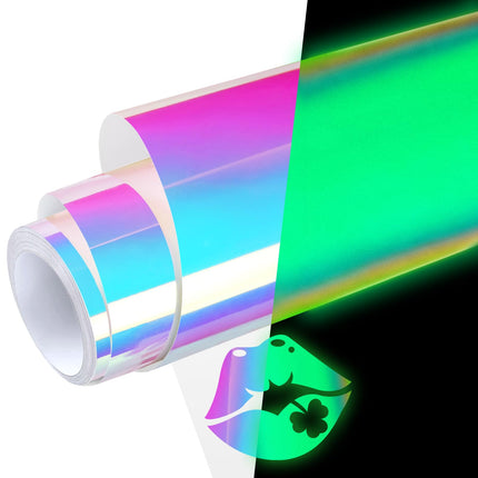 Vinilo adhesivo permanente que brilla en la oscuridad, holográfico iridiscente, opal white glow green para envolver, stickers, calcomanías, letras, 12" x5ft