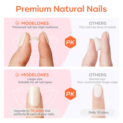 modelones French Tip Press On Nails, Short Oval Fake Nails Press Ons with Nail Glue, Adhesive Tabs, Nail File, Prep Pad, Manicure Stick, 32Pcs 16 Sizes, Nude, Spring Women Girl Gift
