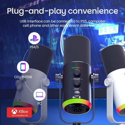 USB/XLR Desktop Dynamic Microphone with RGB Lighting, Noise Reduction, Mute Button & Headphone Jack - Podcast, Gaming, Streaming Mic for PC & Computer (Black)