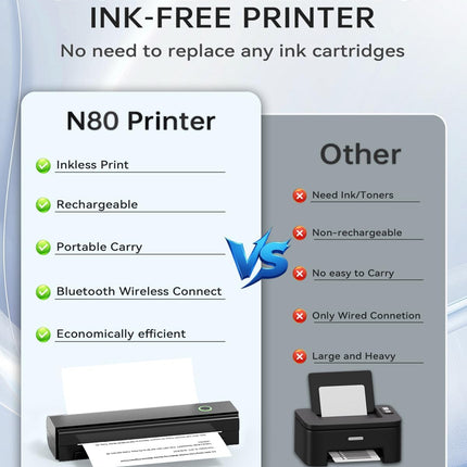 Portable Printers Wireless for Travel, N80 Wireless Thermal Printer Bluetooth Inkless Printer Support 8.5" X 11" US Letter & A4, Compatible with iOS, Android, Laptop