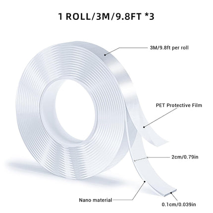3 Rolls Double Sided Tape, Nano Tape, Transparent Adhesive Tape, Traceless Adhesive Tape, Removable, Washable, Reusable, Suitable for Carpets, Photo Walls, 9.8 Feet Per Roll