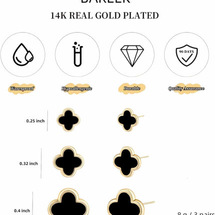Clover Earring for Women 3 Pair Small Stud Four Leaf - 14K Gold Plated Hypoallergenic Lightweight Waterproof Non - discoloring Sensitive Ear for Birthday Christmas Anniversary Lucky Jewelry Gifts /Trendy Colors