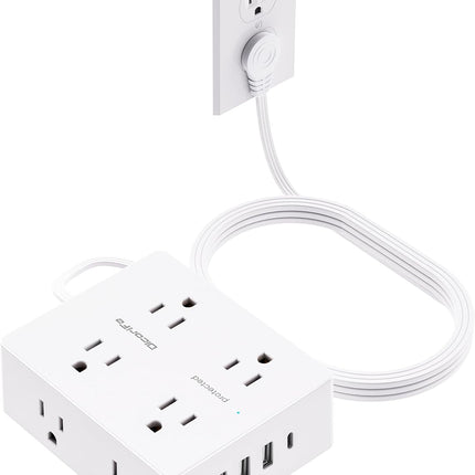 Surge Protector Power Strip 10 ft Cord, Olcorife Ultra Thin Flat Plug Extension Cord, 8 Outlets 4 USB Ports(1 USB C), Flat Plug Outlet Extender, College Dorm Room Essentials, White