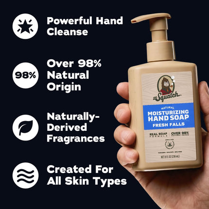 Dr. Squatch Natural Moisturizing Hand Soap - Tough on Dirt + Grime - Clean Ingredient, Gentle for all Skin Types - Moisturizing + Non-Drying - Fresh Falls (8 fl oz, 3-Pack)