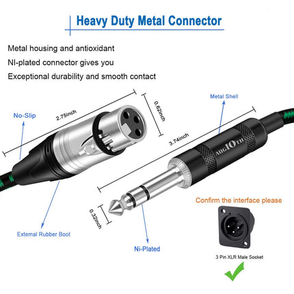XLR Female to 1/4 Cable 3ft 2 Pack Balance 6.35mm TRS Plug to 3-pin Cannon Mic Cable 1 Meter