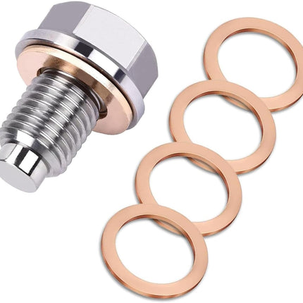 M12 x 1.25 Magnetic Oil Drain Plug, Magnetic Stainless Steel Oil Pan Drain Nut Bolt with 5 PCS Copper Crush Washer Anti Leakage, Universal Leak-proof Replacement,Fits Most Cars, Motorcycles, Boats