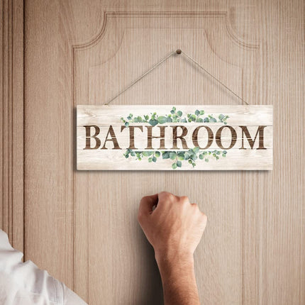 Bathroom Sign Wall Decor, Bathroom Wall Art with Plant Print, Rustic Farmhouse Wall Hanging Plaque Home Bathroom Decorative, 4.7 x 13.7 inches