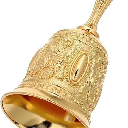Gold Vintage Engraved Hand Bell, Super Loud Alloy Copper Bell, Multi-Purpose Gold Bells for Wedding, Dinner, Classroom, Meditation