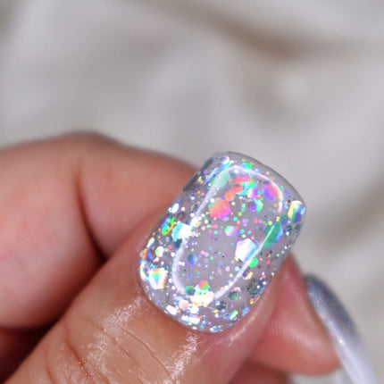 10 Pcs Handmade Press on Nails (Large, Futuristic - Holo Silver Chunky Glitter Mix with Unicorn Dust/Extra Short Rounded Square) A092L