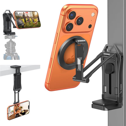 OMOTON TP02-Pro Magnetic Phone Holder for Vlogging, Content Creator Essentials with 1/4" Screw, Arca, Strong Back Magnet for Gym, Adjustable Phone Stand & Selfie Stick for iPhone 12-17 Series, Black