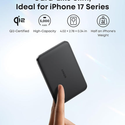 Anker Nano MagSafe Power Bank, Ultra-Slim 5,000mAh Magnetic Wireless Charging Battery, Qi2 Certified 15W Max MagSafe-Compatible Portable Charger, Ergonomic Design, for iPhone Air/17/16 Series