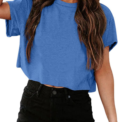 Camisetas cortas de manga corta para mujer, cuello redondo, top básico de verano