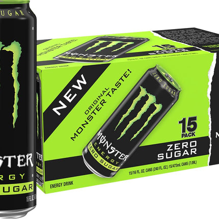 Monster Energy Zero Sugar, Green, Original, Low Calorie Energy Drink, 16 Ounce (Pack of 15), Can