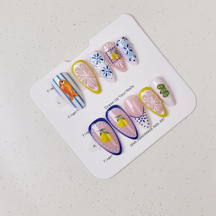 24Pcs Summer Press on Nails Medium Almond Fake Nails 3D Cute Fish Lemon False Nails Reusable Bohemia Designs French Tip Acrylic Nail Summer Fruit Full Cover Stick on Nails for Women Nail Supplies