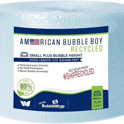 Large roll of 175 Feet of Recycled Small Plus Bubble wrap for packing, moving and shipping for your business essentials. Eco friendly and made from 90% post-consumer materials by American Bubble Boy