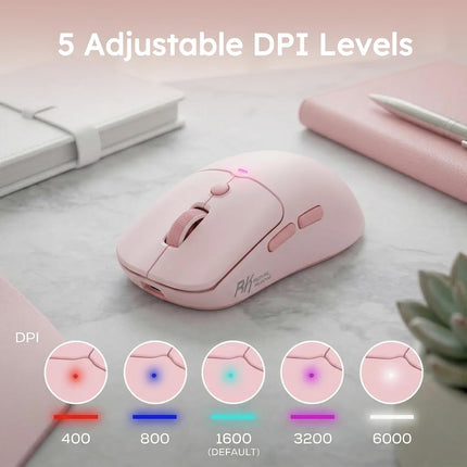 RK ROYAL KLUDGE MO1 Wireless Mouse, 55g Ultra-Lightweight Computer Mice, 6 Programmable Buttons, 2.4GHz/Bluetooth/Wired, 6000 DPI Optical Sensor, Pink