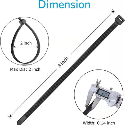 Zip Ties 8 inch (100 Pack), 40lbs Tensile Strength, Black Cable Ties, Wire Ties for indoor and outdoor use