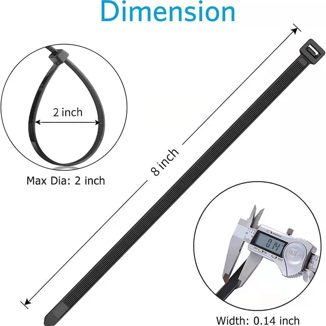 Zip Ties 8 inch (100 Pack), 40lbs Tensile Strength, Black Cable Ties, Wire Ties for indoor and outdoor use