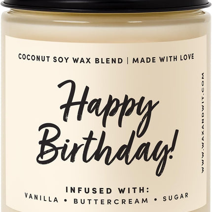 WAX & WIT Birthday Gifts for Women, Happy Birthday Candle – Scented with Vanilla, Buttercream and Sugar - 9oz, Soy Wax, 50 Hour Burn, Premium Candle Gift for Her, Friend, Daughter, Sister, Wife