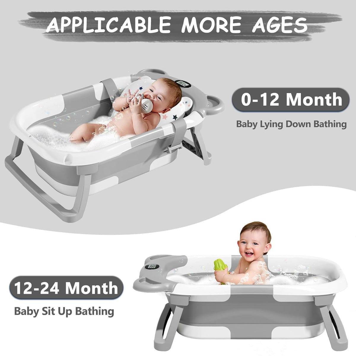 Collapsible Baby Bathtub for Newborns with Thermometer, Hooded Towel, Floating Cushion, and Drain Hole - photo 3