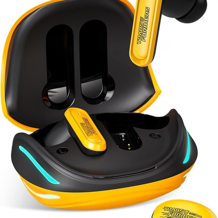 Transformers Official Bumblebee Wireless Gaming Earbuds, Bluetooth 6.0 Headphones, Open Mech Case with LED Lights, 24H Battery, IPX3 Waterproof, in-Ear Headphones for iPhone Android - Yellow